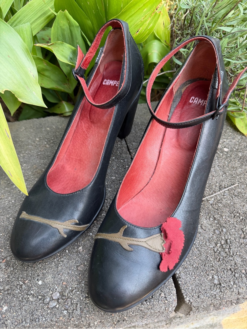 Camper Twins- Black Leather Mary Janes with Floral Accent